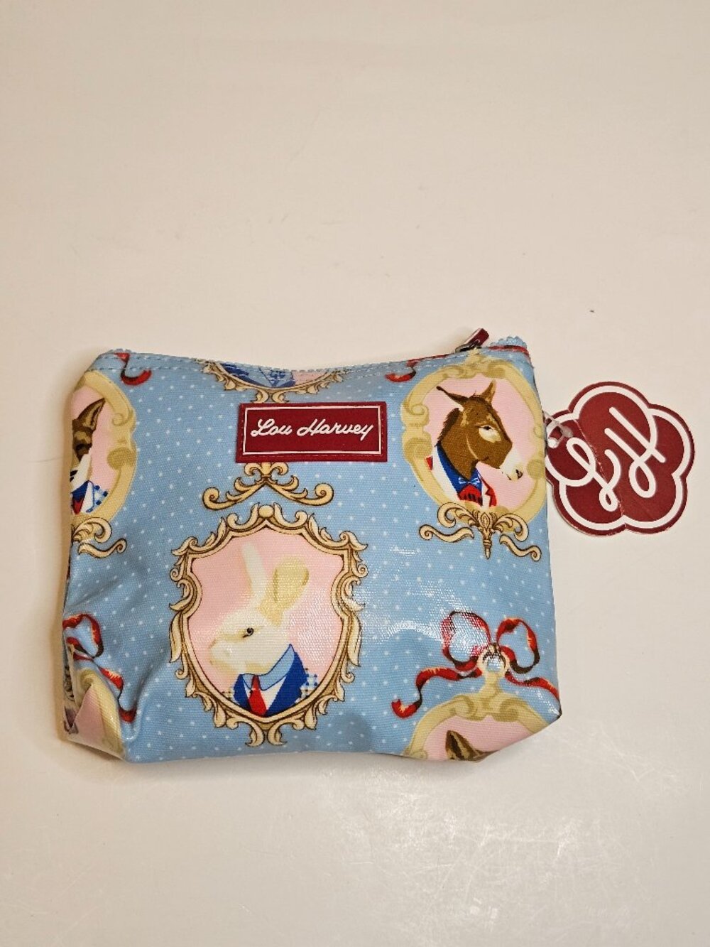 NWT Lou Harvey Blue and Pink Animal Portrait Whimsical Makeup Bag